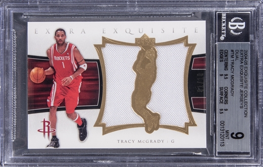 2004-05 UD "Exquisite Collection" Extra Exquisite Jerseys Dual #TM Tracy McGrady Dual Jersey Card (#01/10) - BGS MINT 9 - McGradys Jersey Number!